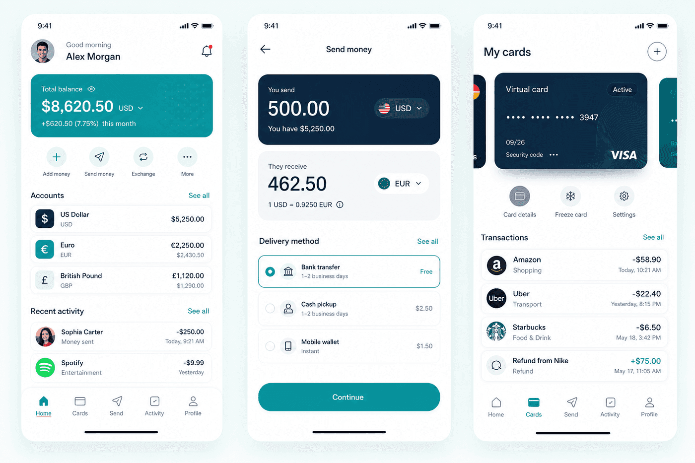 CashPocket send money and cards interface