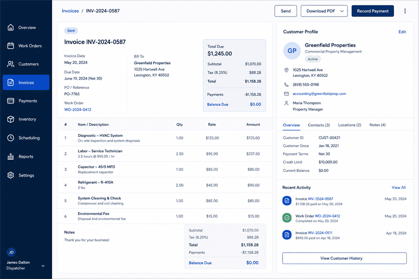 ServiceOS invoice and customer profile screens